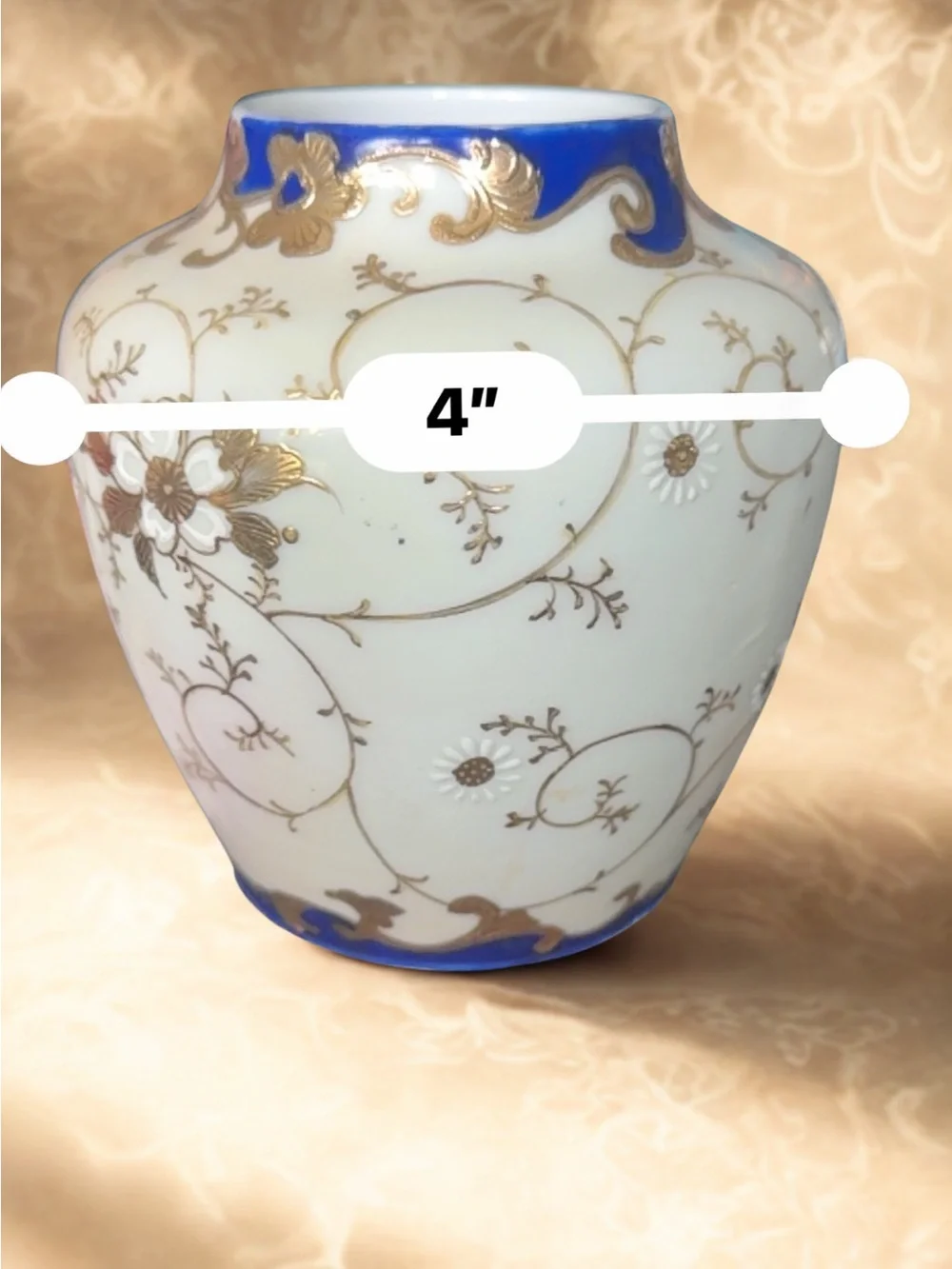 White and Cobalt Blue Porcelain Vase with Gold Floral Accents